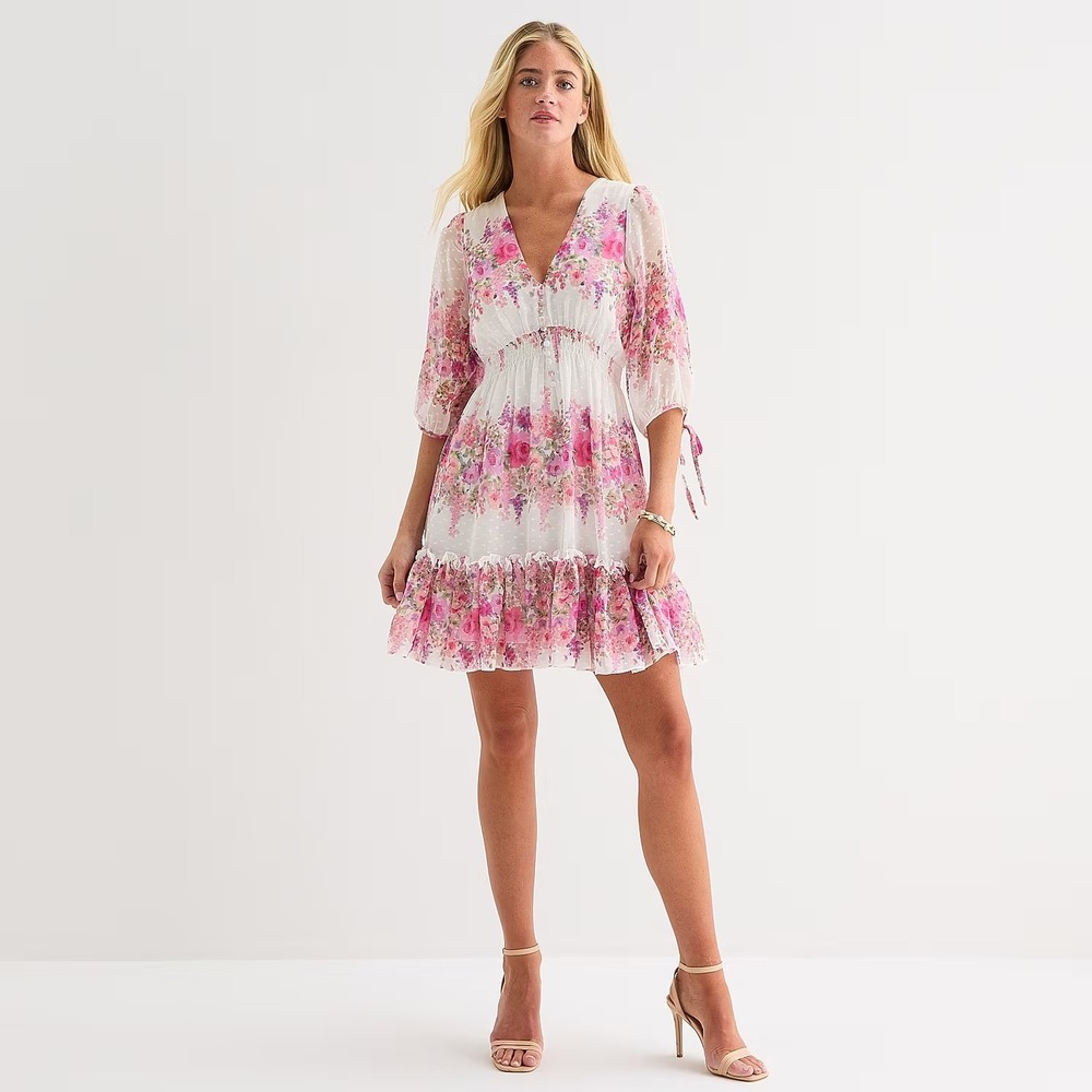 MSRP $89 Melonie T Womens 14 Soft White Wsteria Floral Dress V Neck 3/4 Sleeve